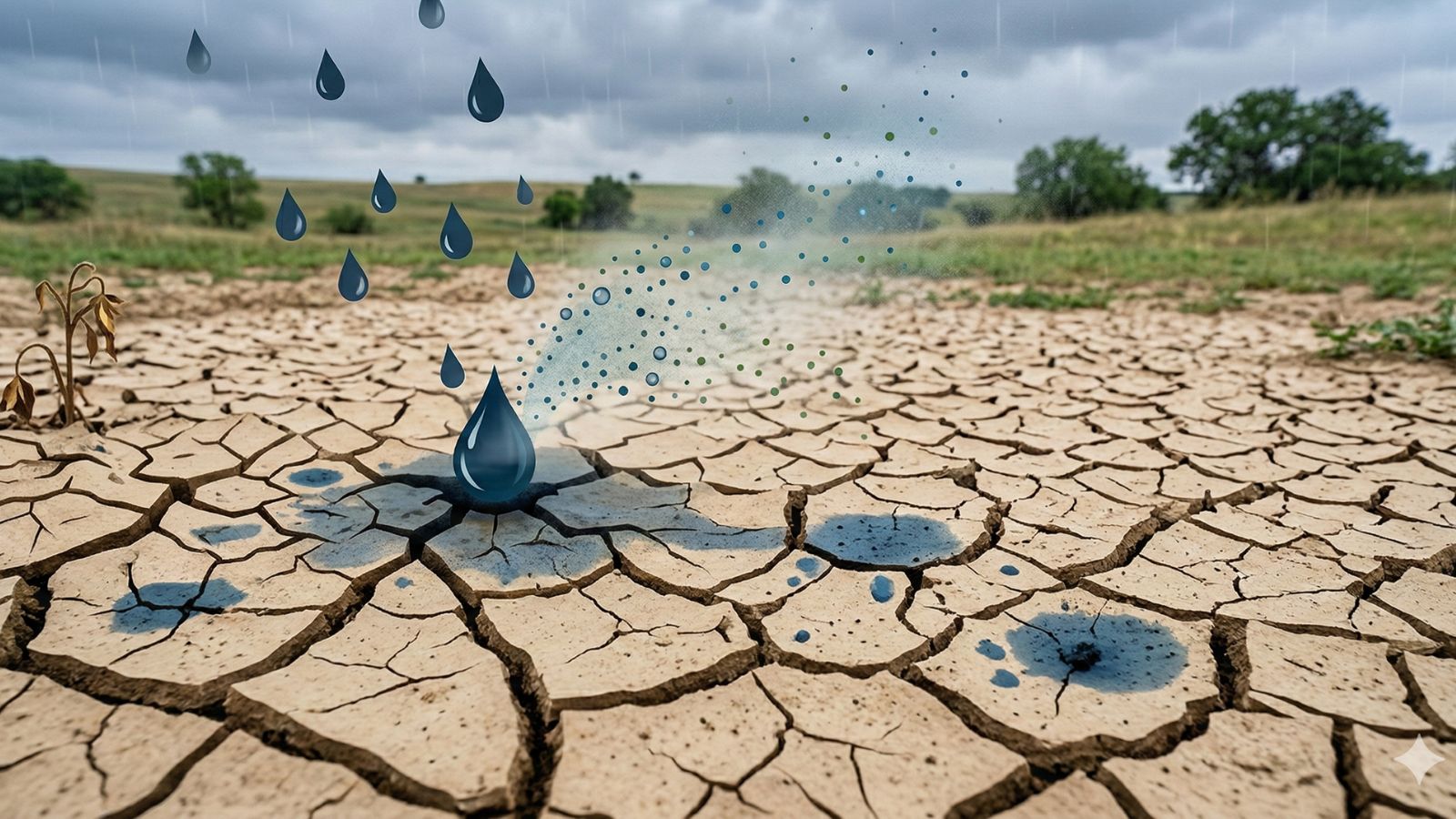 rain drops hitting parched soil