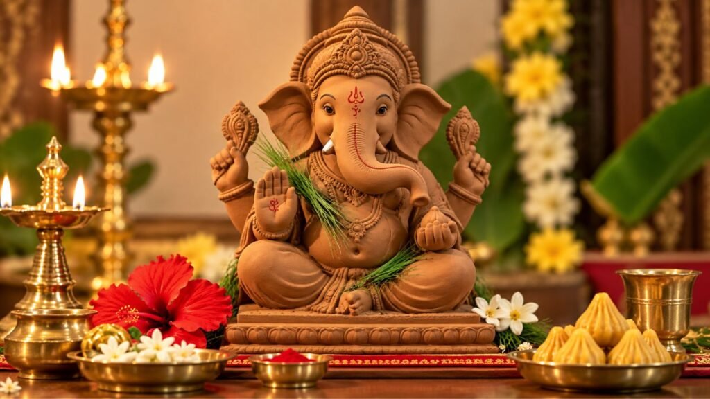 Ganesha idol with durva grass