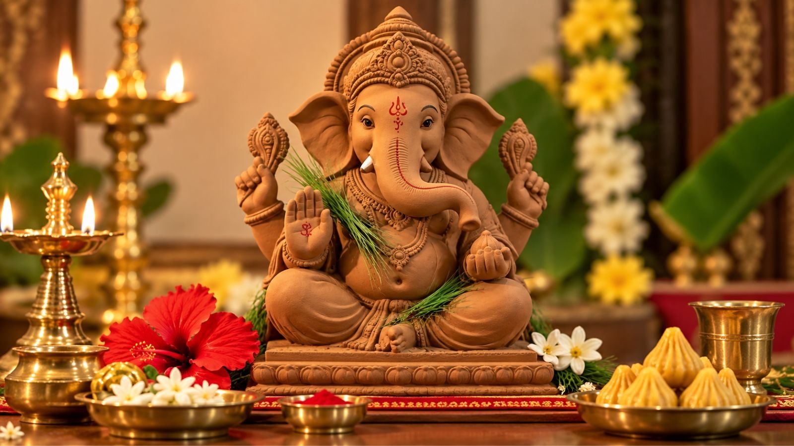 Ganesha idol with durva grass